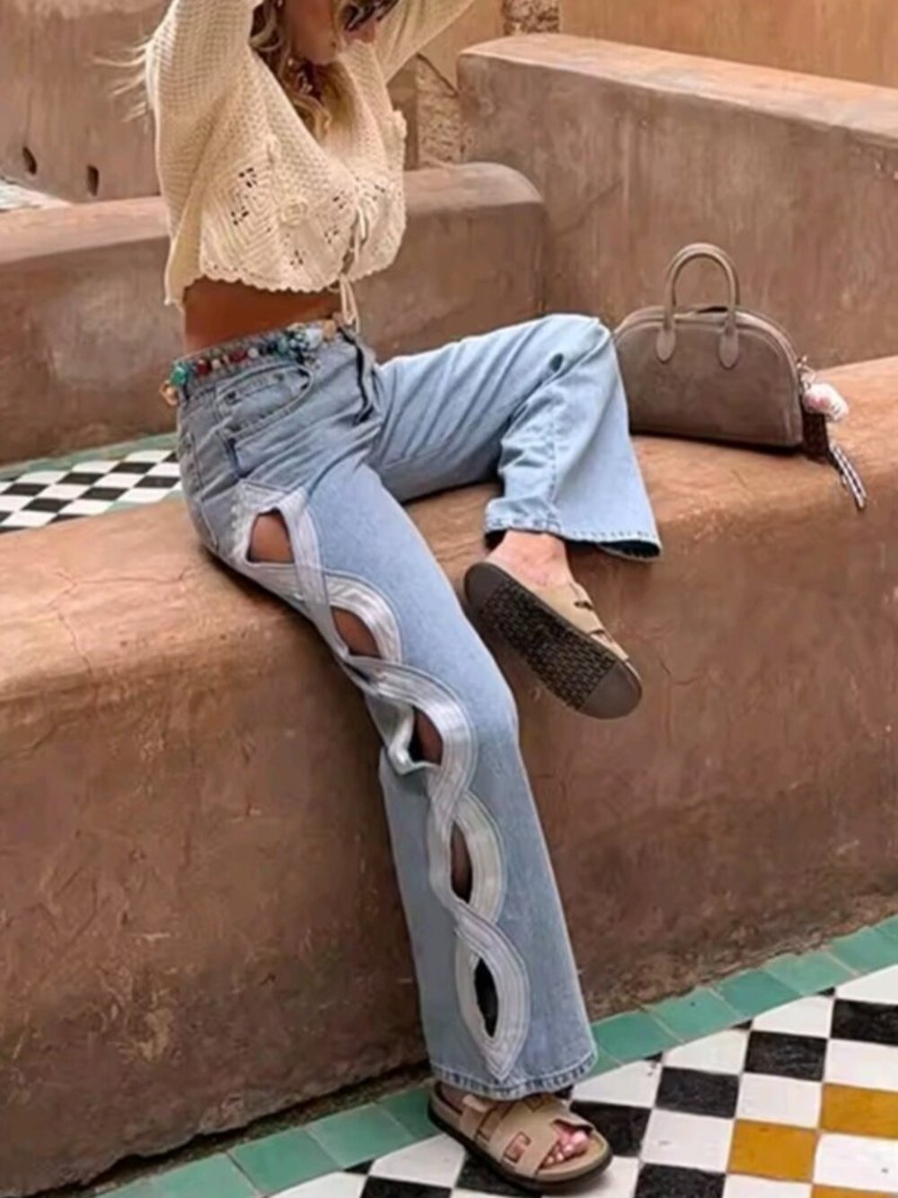 Fashion Women's Hollow Out Jeans Zipper High Waist Pockets Straight Blue Denim